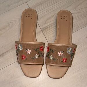Floral Embroidered Tan Slide Sandals